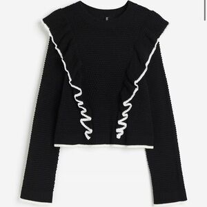 New divided H&M women’s knit Black Sweater with White Ruffle Trim Sz small